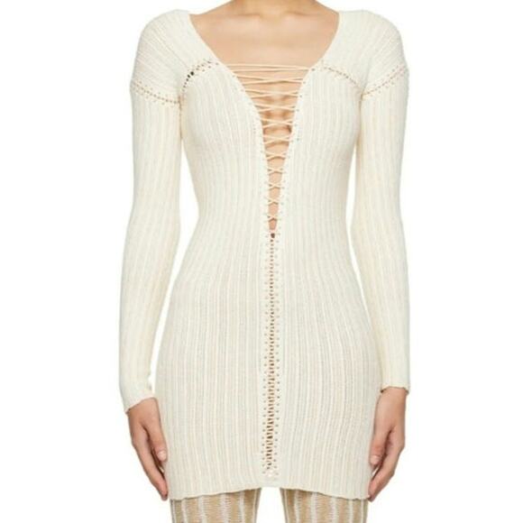 ISA‎ BOULDER lace-Up Knit Top / Dress S Cream Cocktail Y2K Retro Party - Picture 2 of 13